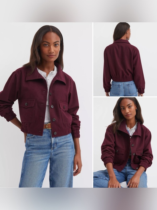 LOFT Jackets & Blazers - NWT LOFT Wool Blend Bomber Jacket Burgundy Melange Cropped Size Medium